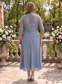 2 Pieces Plus Size Lace Long Sleeves Mermaid Tea Length Mother of the Bride/Groom Dresses
