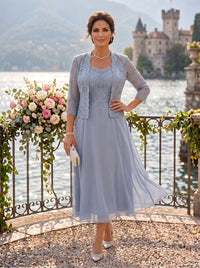 2 Pieces Plus Size Lace Long Sleeves Mermaid Tea Length Mother of the Bride/Groom Dresses