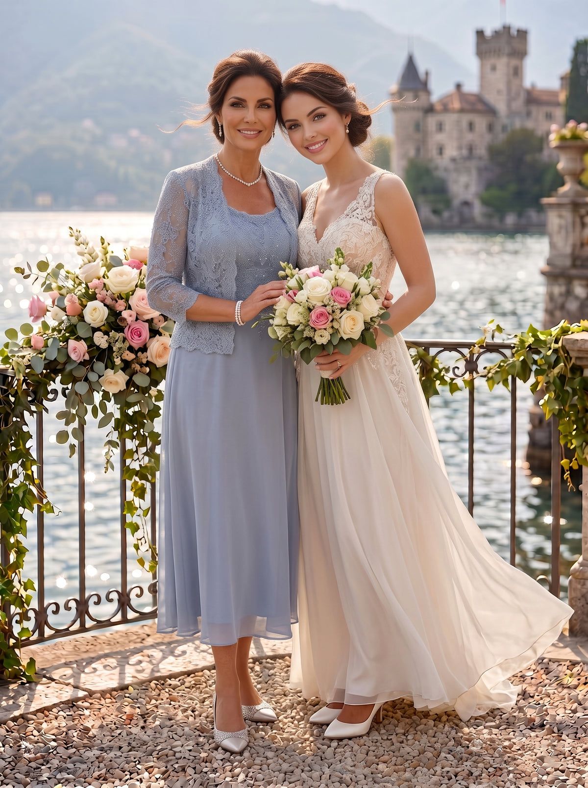 2 Pieces Plus Size Lace Long Sleeves Mermaid Tea Length Mother of the Bride/Groom Dresses