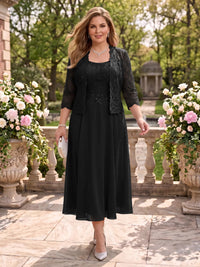 2 Pieces Plus Size Lace Long Sleeves Mermaid Tea Length Mother of the Bride/Groom Dresses