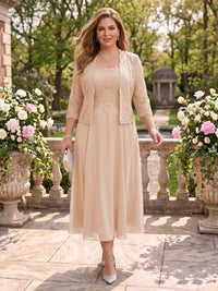 2 Pieces Plus Size Lace Long Sleeves Mermaid Tea Length Mother of the Bride/Groom Dresses