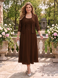 2 Pieces Plus Size Lace Long Sleeves Mermaid Tea Length Mother of the Bride/Groom Dresses
