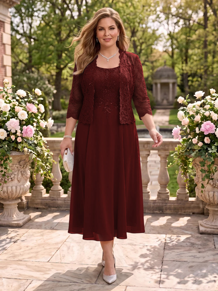 2 Pieces Plus Size Lace Long Sleeves Mermaid Tea Length Mother of the Bride/Groom Dresses