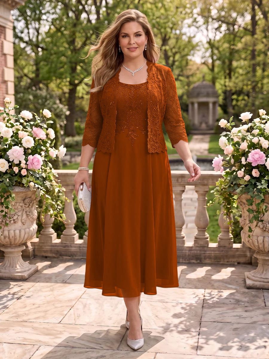 2 Pieces Plus Size Lace Long Sleeves Mermaid Tea Length Mother of the Bride/Groom Dresses