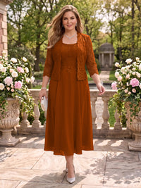 2 Pieces Plus Size Lace Long Sleeves Mermaid Tea Length Mother of the Bride/Groom Dresses