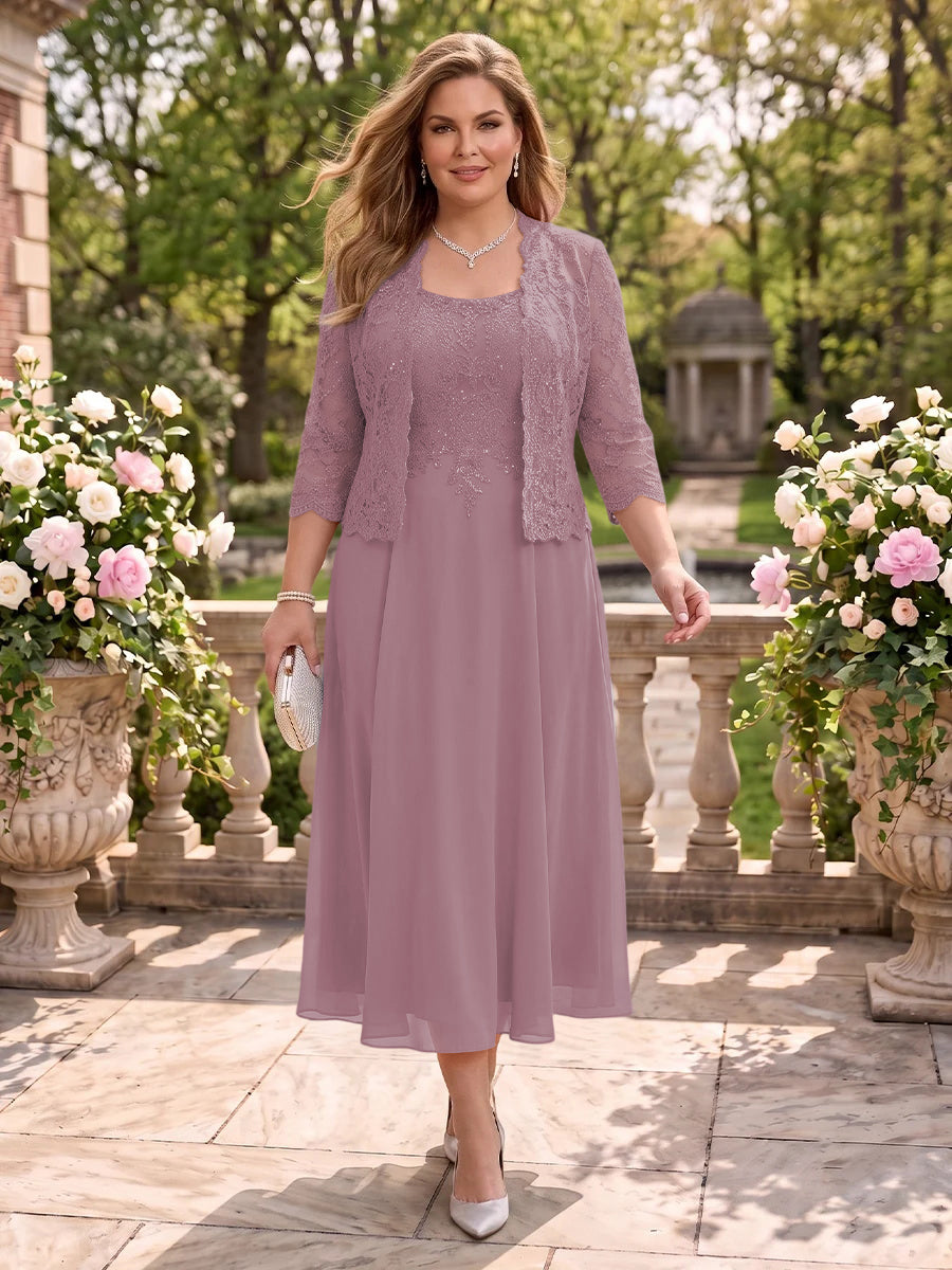 2 Pieces Plus Size Lace Long Sleeves Mermaid Tea Length Mother of the Bride/Groom Dresses
