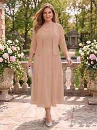 2 Pieces Plus Size Lace Long Sleeves Mermaid Tea Length Mother of the Bride/Groom Dresses