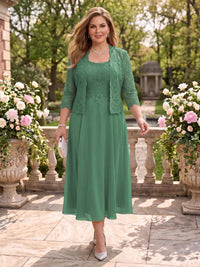 2 Pieces Plus Size Lace Long Sleeves Mermaid Tea Length Mother of the Bride/Groom Dresses