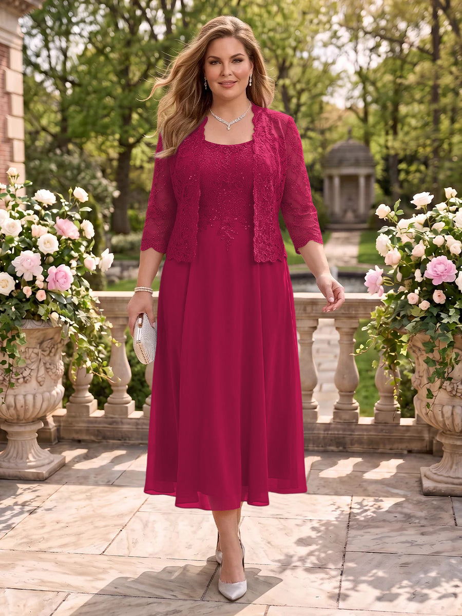 2 Pieces Plus Size Lace Long Sleeves Mermaid Tea Length Mother of the Bride/Groom Dresses