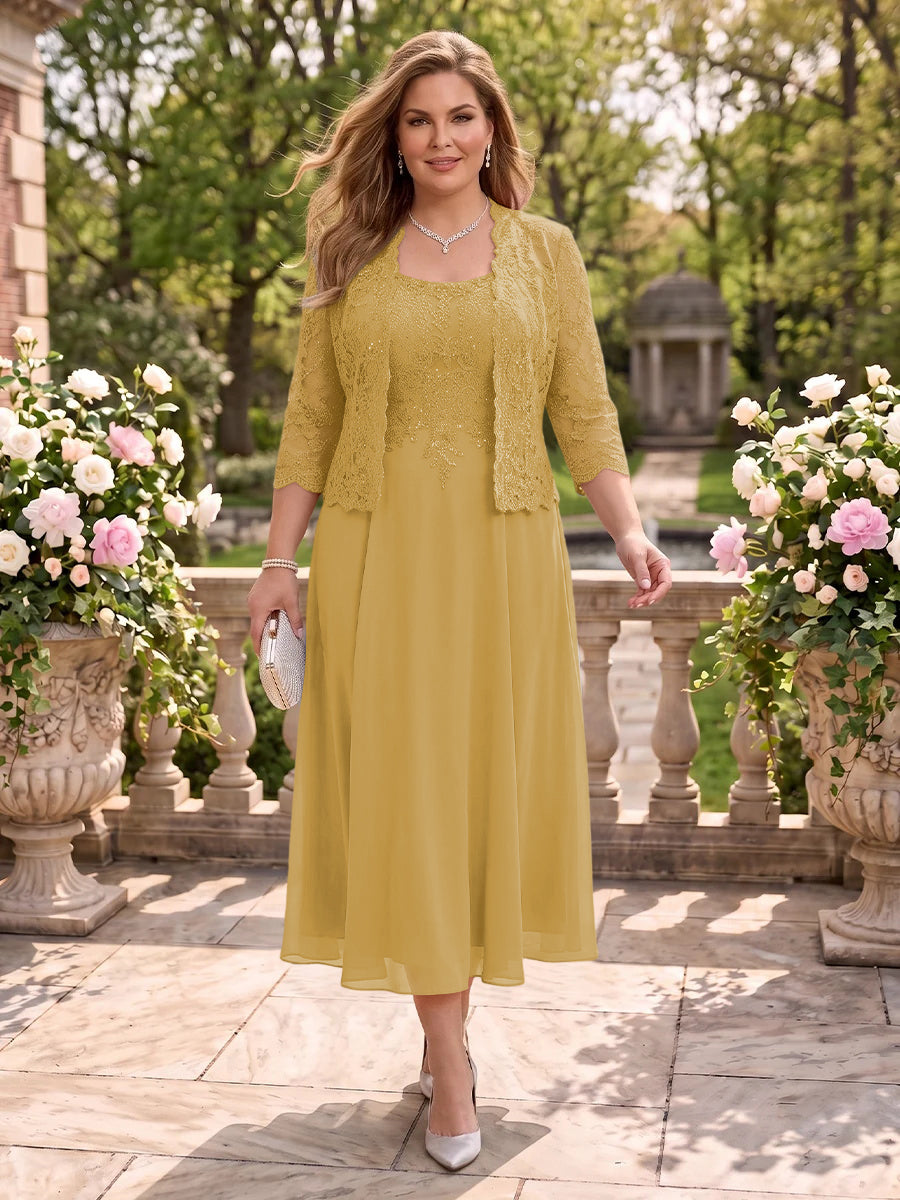 2 Pieces Plus Size Lace Long Sleeves Mermaid Tea Length Mother of the Bride/Groom Dresses