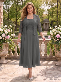 2 Pieces Plus Size Lace Long Sleeves Mermaid Tea Length Mother of the Bride/Groom Dresses