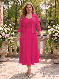 2 Pieces Plus Size Lace Long Sleeves Mermaid Tea Length Mother of the Bride/Groom Dresses