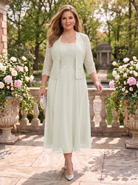 2 Pieces Plus Size Lace Long Sleeves Mermaid Tea Length Mother of the Bride/Groom Dresses