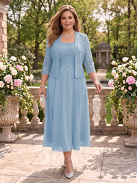 2 Pieces Plus Size Lace Long Sleeves Mermaid Tea Length Mother of the Bride/Groom Dresses