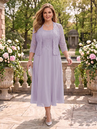 2 Pieces Plus Size Lace Long Sleeves Mermaid Tea Length Mother of the Bride/Groom Dresses