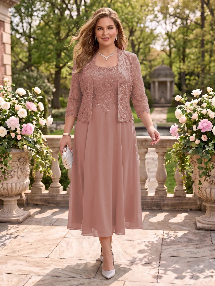 2 Pieces Plus Size Lace Long Sleeves Mermaid Tea Length Mother of the Bride/Groom Dresses