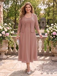 2 Pieces Plus Size Lace Long Sleeves Mermaid Tea Length Mother of the Bride/Groom Dresses