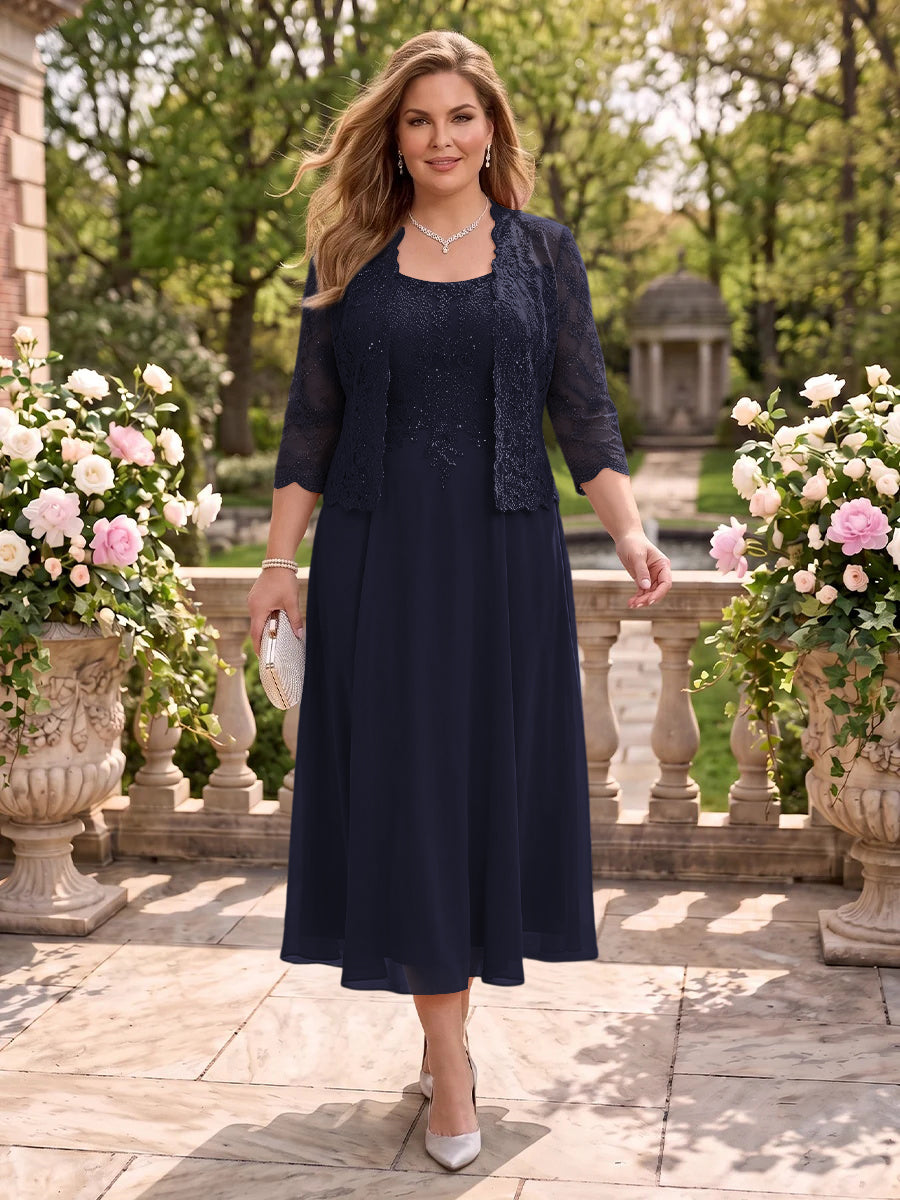 2 Pieces Plus Size Lace Long Sleeves Mermaid Tea Length Mother of the Bride/Groom Dresses