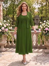 2 Pieces Plus Size Lace Long Sleeves Mermaid Tea Length Mother of the Bride/Groom Dresses