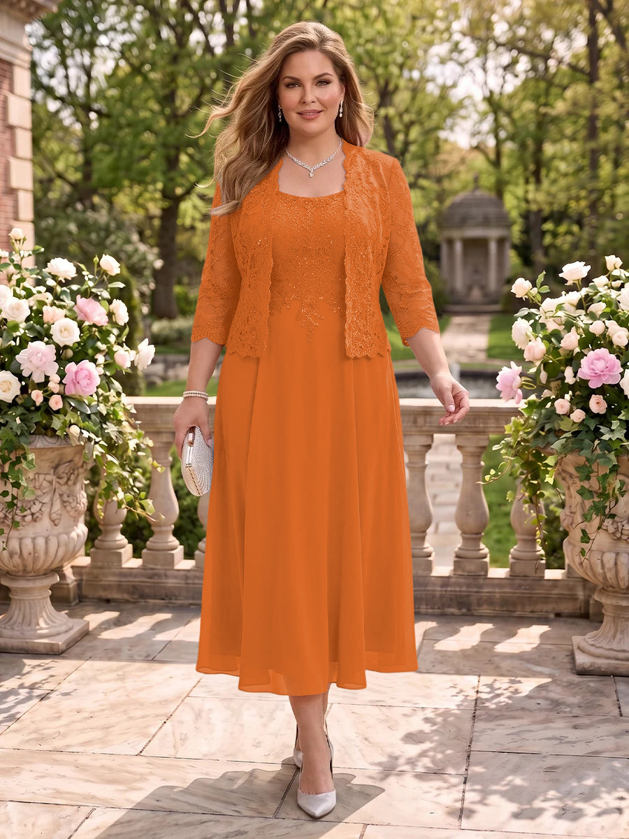 2 Pieces Plus Size Lace Long Sleeves Mermaid Tea Length Mother of the Bride/Groom Dresses