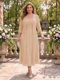 2 Pieces Plus Size Lace Long Sleeves Mermaid Tea Length Mother of the Bride/Groom Dresses