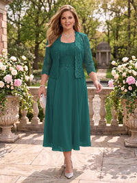 2 Pieces Plus Size Lace Long Sleeves Mermaid Tea Length Mother of the Bride/Groom Dresses