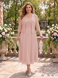2 Pieces Plus Size Lace Long Sleeves Mermaid Tea Length Mother of the Bride/Groom Dresses