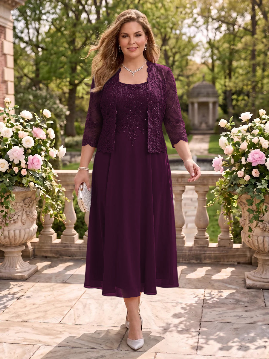 2 Pieces Plus Size Lace Long Sleeves Mermaid Tea Length Mother of the Bride/Groom Dresses