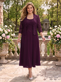 2 Pieces Plus Size Lace Long Sleeves Mermaid Tea Length Mother of the Bride/Groom Dresses