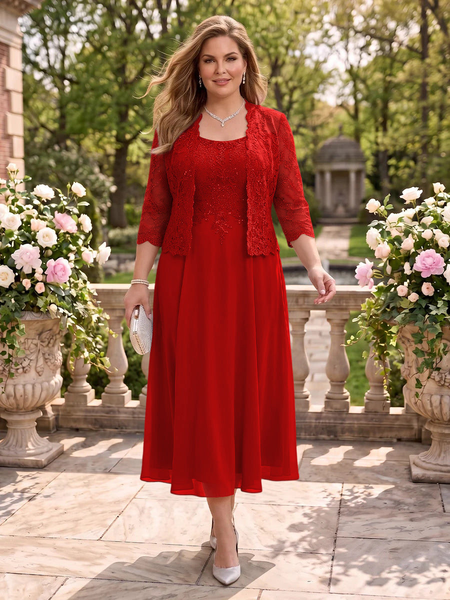 2 Pieces Plus Size Lace Long Sleeves Mermaid Tea Length Mother of the Bride/Groom Dresses