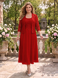 2 Pieces Plus Size Lace Long Sleeves Mermaid Tea Length Mother of the Bride/Groom Dresses