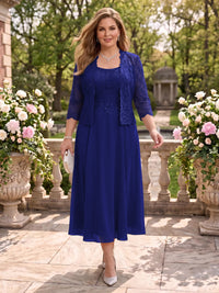 2 Pieces Plus Size Lace Long Sleeves Mermaid Tea Length Mother of the Bride/Groom Dresses
