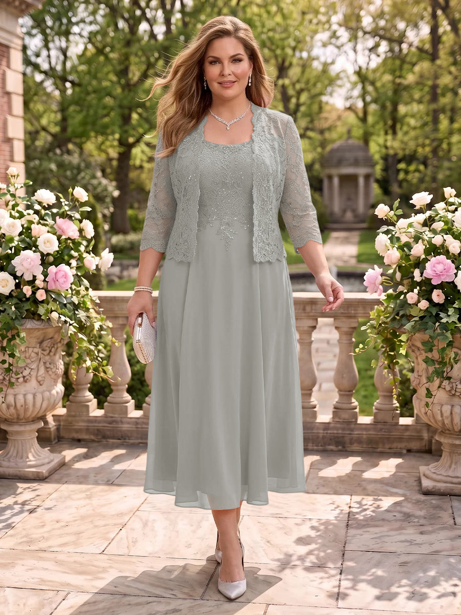 2 Pieces Plus Size Lace Long Sleeves Mermaid Tea Length Mother of the Bride/Groom Dresses