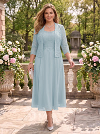 2 Pieces Plus Size Lace Long Sleeves Mermaid Tea Length Mother of the Bride/Groom Dresses