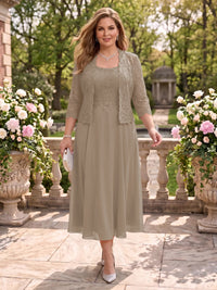 2 Pieces Plus Size Lace Long Sleeves Mermaid Tea Length Mother of the Bride/Groom Dresses