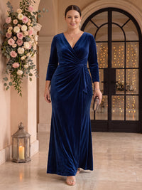 Velvet Plus Size Long Sleeves Mermaid V Neck Mother of the Bride/Groom Dresses