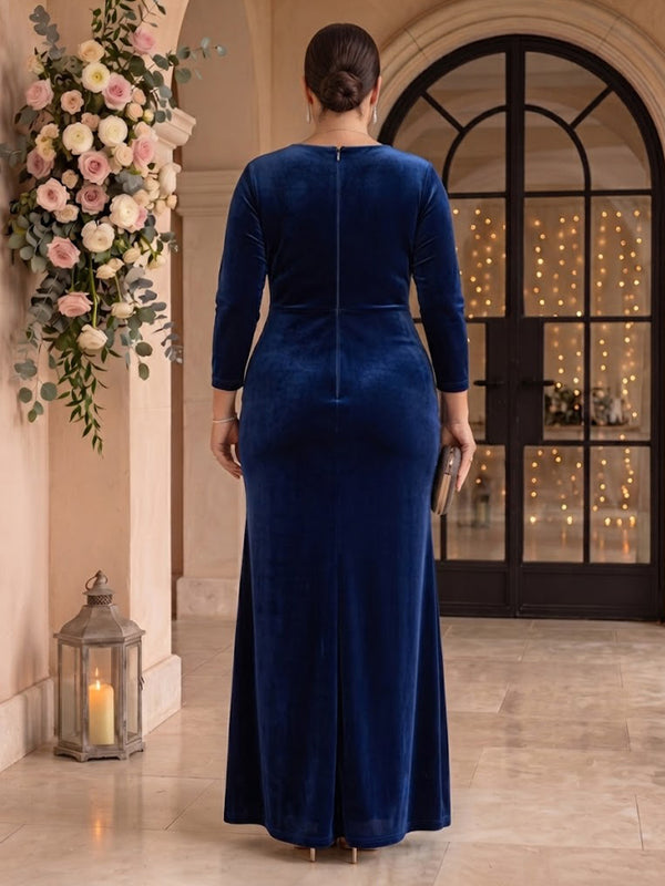 Velvet Plus Size Long Sleeves Mermaid V Neck Mother of the Bride/Groom Dresses