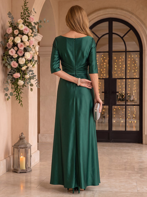 Satin Short Sleeves Mermaid Round Neck Floor Length Mother of the Bride/Groom Dresses