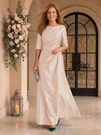 Satin Short Sleeves Mermaid Round Neck Floor Length Mother of the Bride/Groom Dresses