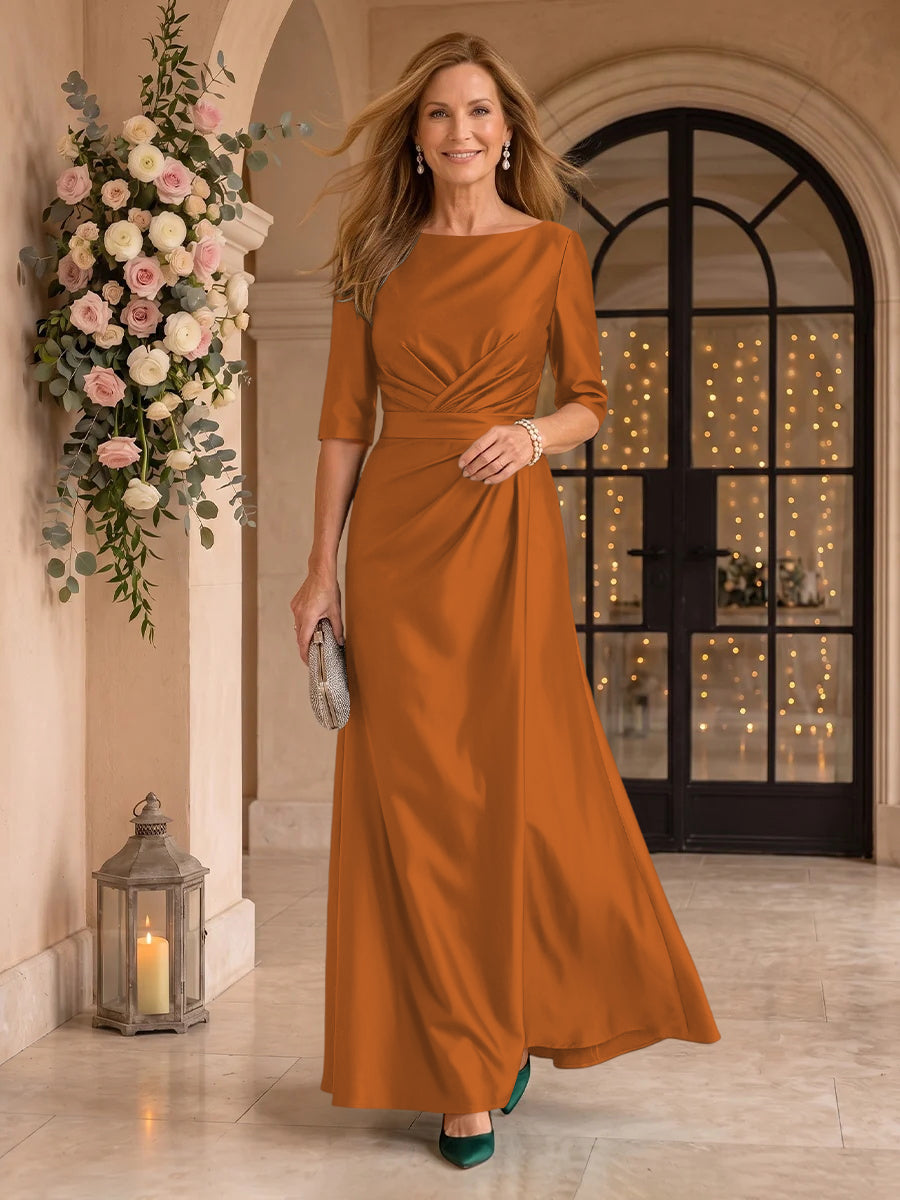 Satin Short Sleeves Mermaid Round Neck Floor Length Mother of the Bride/Groom Dresses