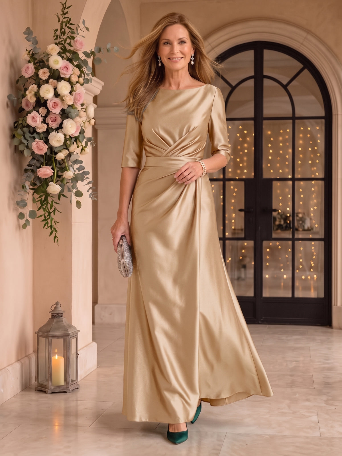Satin Short Sleeves Mermaid Round Neck Floor Length Mother of the Bride/Groom Dresses