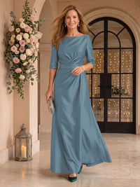 Satin Short Sleeves Mermaid Round Neck Floor Length Mother of the Bride/Groom Dresses