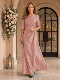 Satin Short Sleeves Mermaid Round Neck Floor Length Mother of the Bride/Groom Dresses