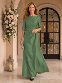 Satin Short Sleeves Mermaid Round Neck Floor Length Mother of the Bride/Groom Dresses