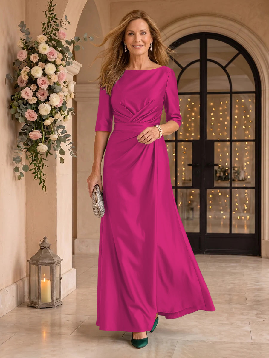 Satin Short Sleeves Mermaid Round Neck Floor Length Mother of the Bride/Groom Dresses