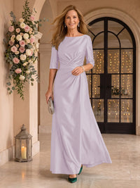 Satin Short Sleeves Mermaid Round Neck Floor Length Mother of the Bride/Groom Dresses