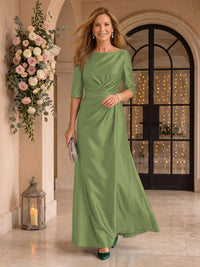 Satin Short Sleeves Mermaid Round Neck Floor Length Mother of the Bride/Groom Dresses