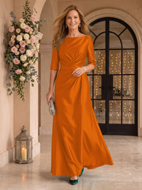 Satin Short Sleeves Mermaid Round Neck Floor Length Mother of the Bride/Groom Dresses