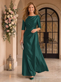 Satin Short Sleeves Mermaid Round Neck Floor Length Mother of the Bride/Groom Dresses