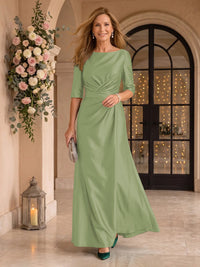 Satin Short Sleeves Mermaid Round Neck Floor Length Mother of the Bride/Groom Dresses